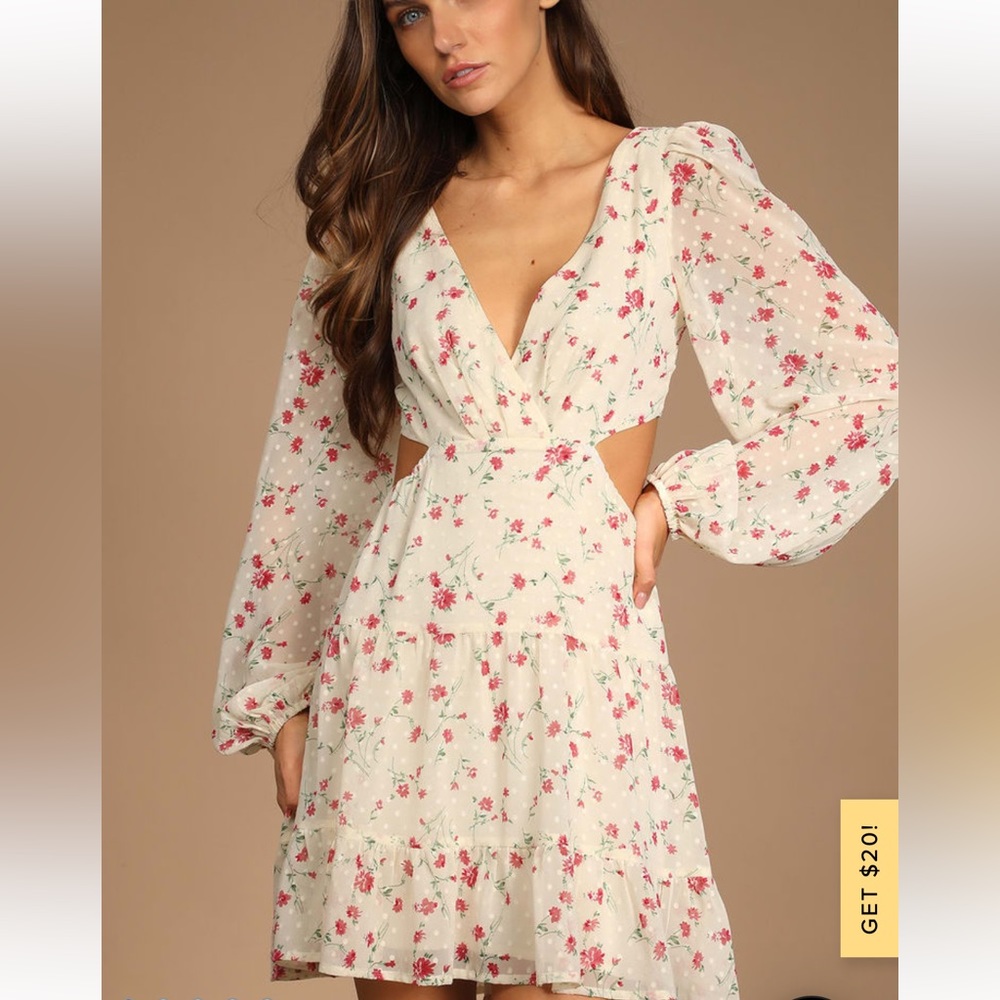 Lulus Fancy You Cream Floral Print Tie-Back Long Sleeve Mini Dress sz M